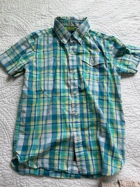 GAP Plaid Short-Sleeve Shirt in Teal, Aqua & Lime
